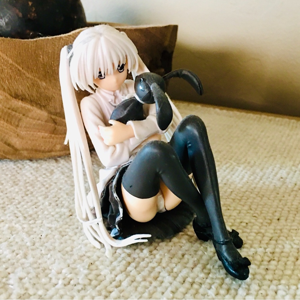 Anime doll figure figurine small hard plastic girl holding bunny rabbit Witchy